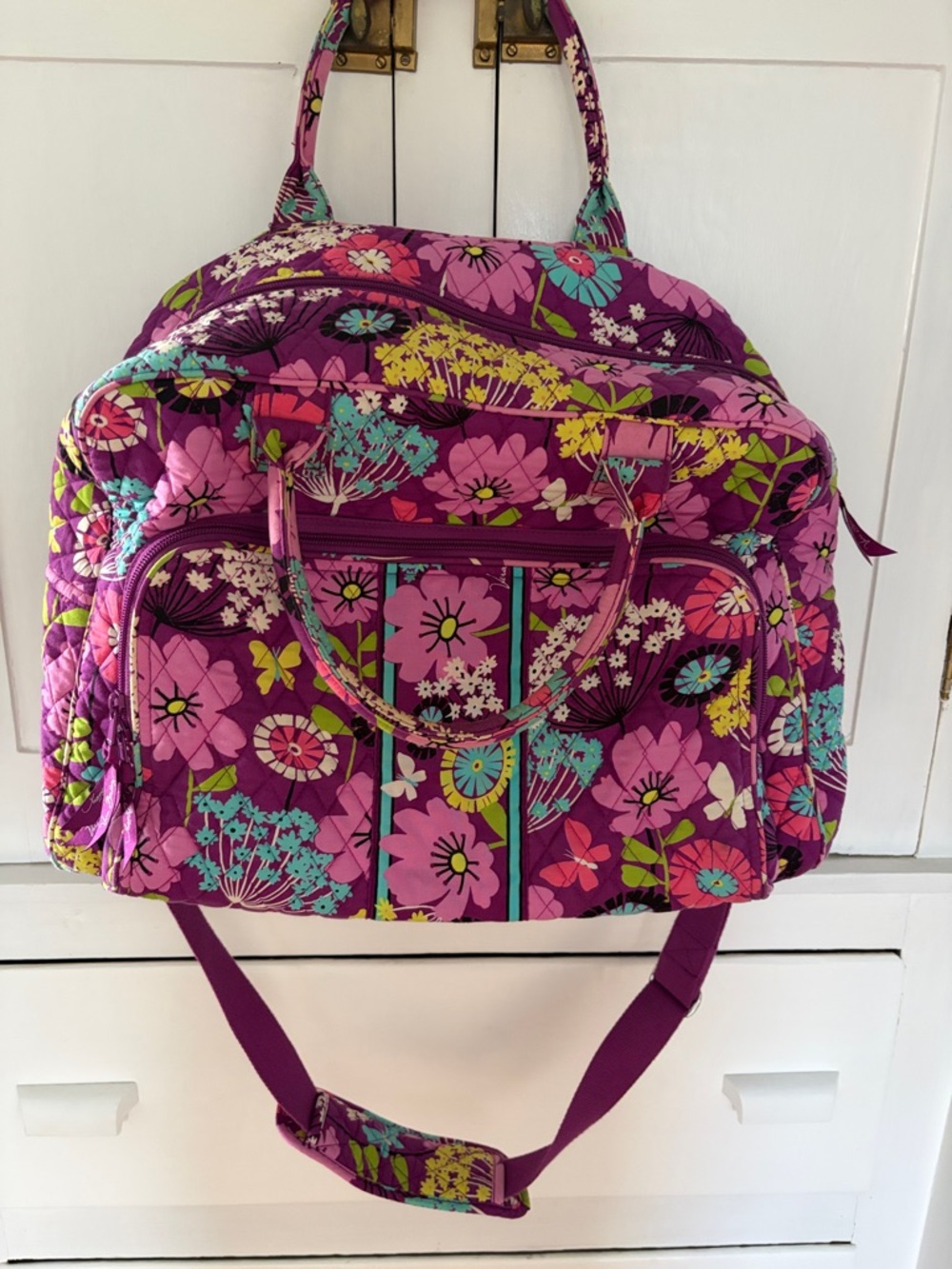 Vera Bradley Magenta Floral Quilted Travel Tote with Shoulder Strap